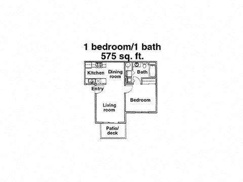 A diagram of a small apartment layout with a living room, kitchen, bath, bedroom, and patio.